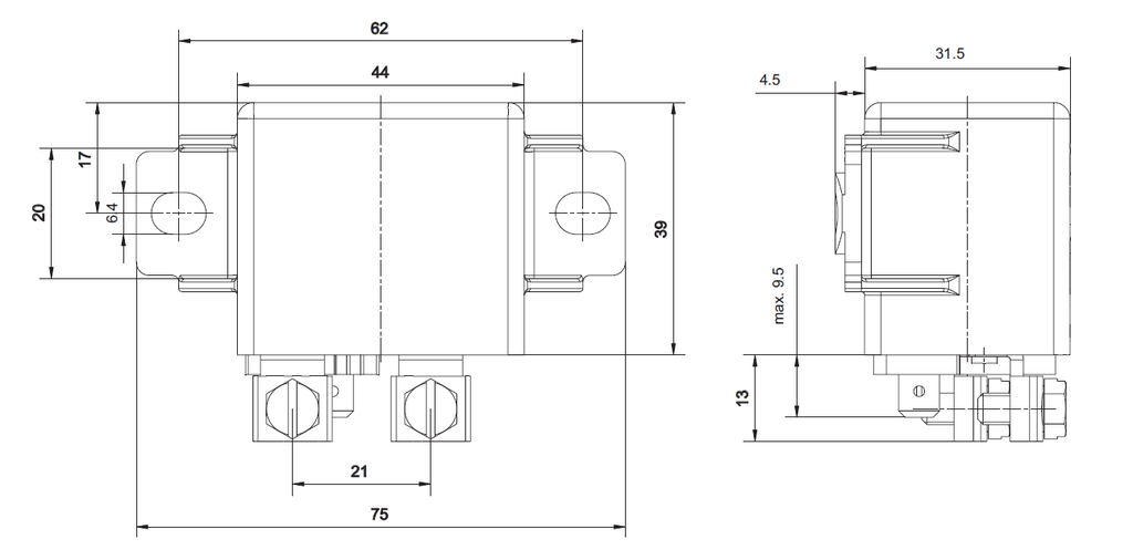 Powerrelais - 12V - 75A - Schließer - 2x M5 Bolzen/2x 6,3mm Steckeranschluß - 2 x seitl. Lasche