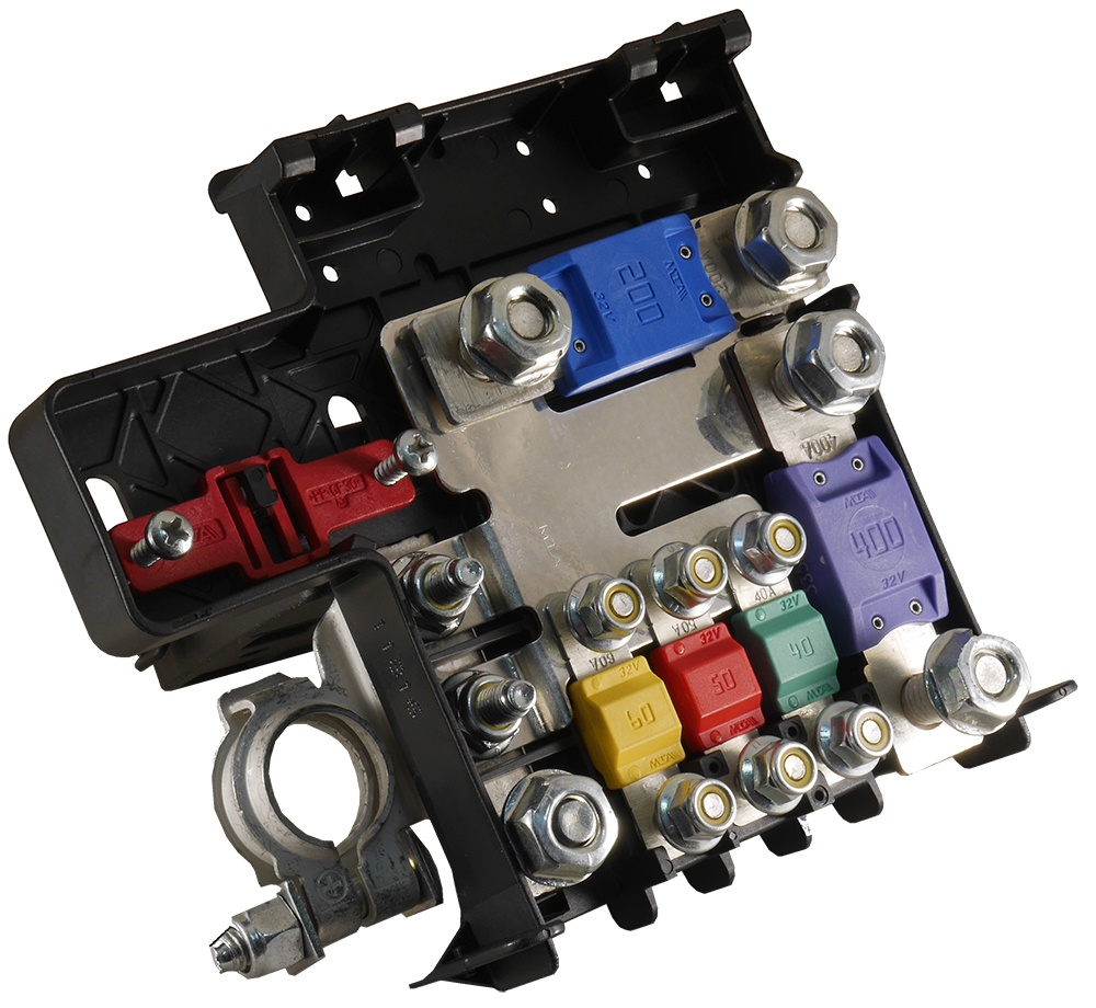 CBD distribution box - for 3x MIDIVAL fuses and 2x MEGAVAL fuses - battery terminal connection