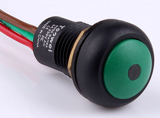 Switch around 12mm - green LED - with 4 connection cables 