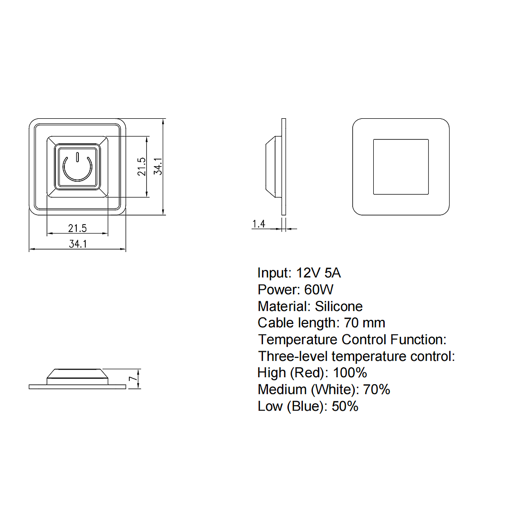 ON&OFF switch - 12VDC - 60W/5A - 35x35mm - Color: red-green-blue