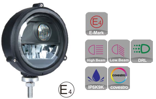 LED Headlight round - Low Beam, High Beam - diameter: 6"
