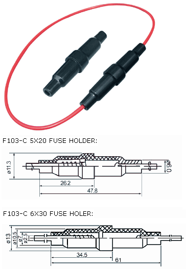 Fuseholder incl. 10A - 5x20mm class fuses - max. cable diameter 3mm² - cable red - housing color: black