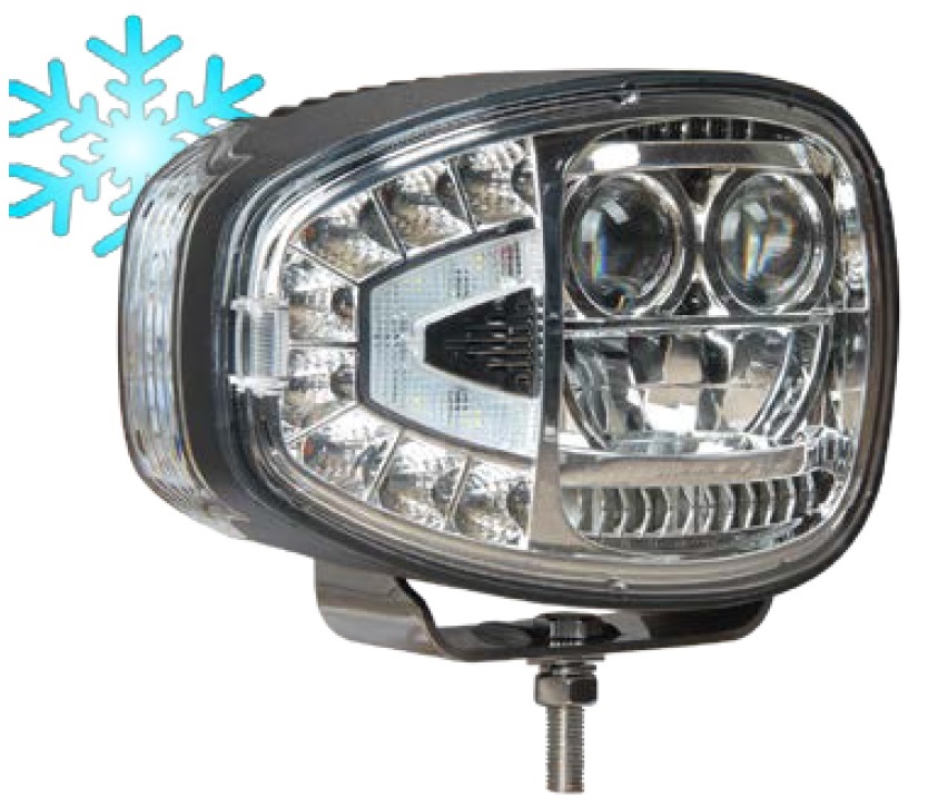 LED Headlight with integreated heating system, Daylight, Position light, Turnlight - Oval form - E-Mark - Fixing element backside - VPE (1 pieces - right side)