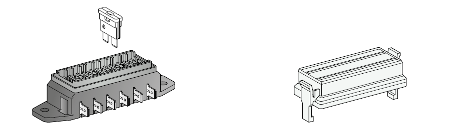 fuse box 4-pole with cover and side. Connector plugs 