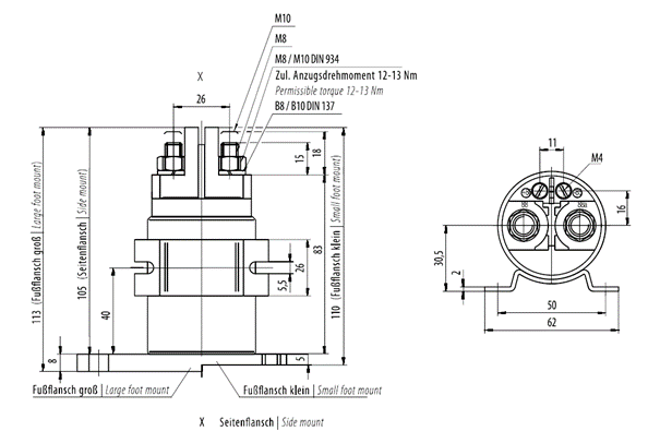 RELAY SERIES 200 200A 12V with side flange without quenching diode 