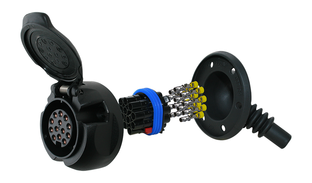 Trailer plug 12 V, 13-pin, socket, to ISO 11446, watertight with rubber seal