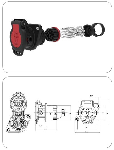 Anhängerstecker 24V, 15-polig, Stecker nach ISO 12098, mit Abschlusskappe - Schraubkontakte - für Leitungen Ø 12-18mm (copy)