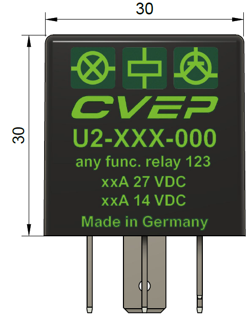Wipe-wash interval relay 24V 10/20A - Interval time 5.3 +/-1 sec. - Post-wipe time 3.5 +/-1 sec. - Housing 30x30x30mm