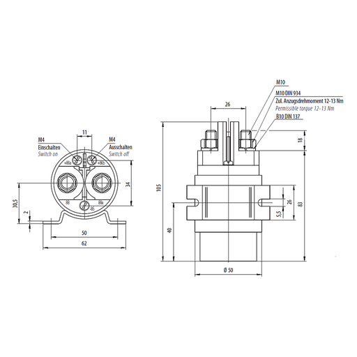 [30.2.300.11-A] RELAIS BAUREIHE 30 bistabil mit Steuerelektronik - 300A 24V mit Löschdiode - mit seitlichem Flansch