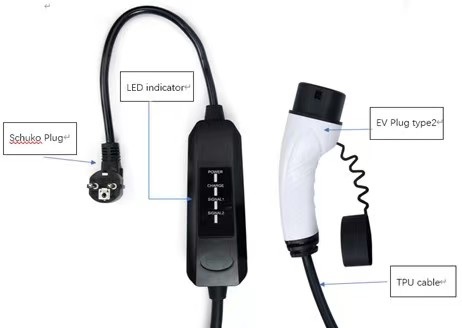 [T2.F1.0001] Charging Wire Set Type 2 female IEC62196-2 - 13A - total charging power 3.5KW - 1-phase version - Schuko 230V AC 50Hz
